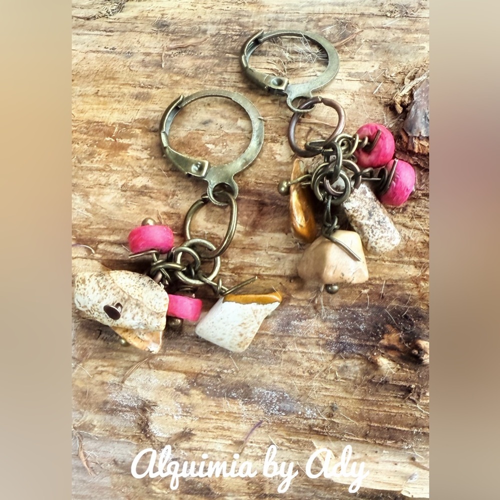 BOHO + Picture jasper and red turquoise chandelier rustic earrings